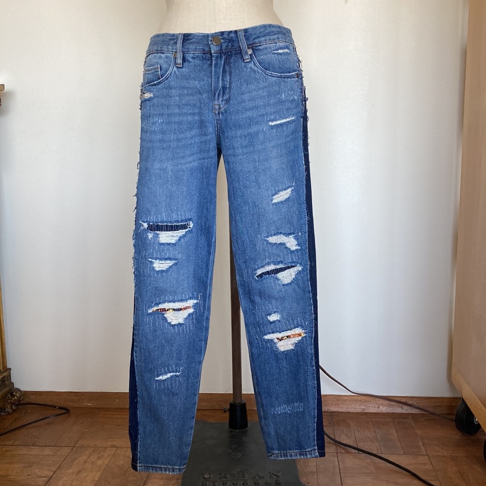 Blank NYC distressed patched jeans with side stripes, 26